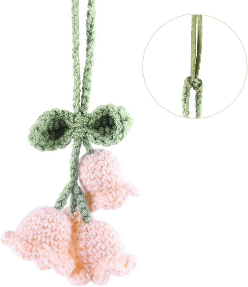 Decorbea Store Mirror Hanging Car Accessories Cute Little Lily of The Valley, Hand Knitted Crochet Flower Decor for Mirror, Rear View Mirrors,Key Chains (Pink) - Image 1